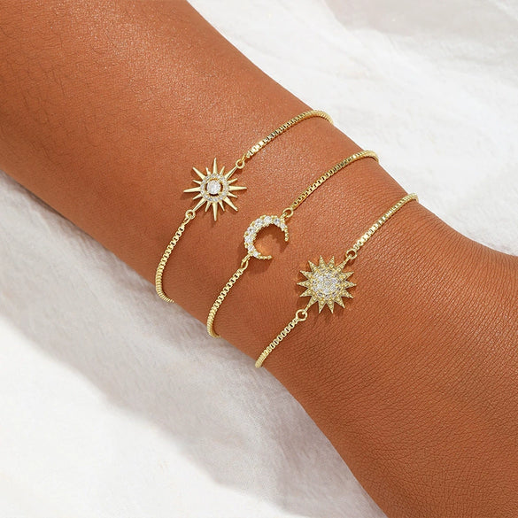 Wholesale Jewelry Geometric Copper Electroplating Women's Threelayer Chain Zircon Sun Eightpointed Star Bracelet