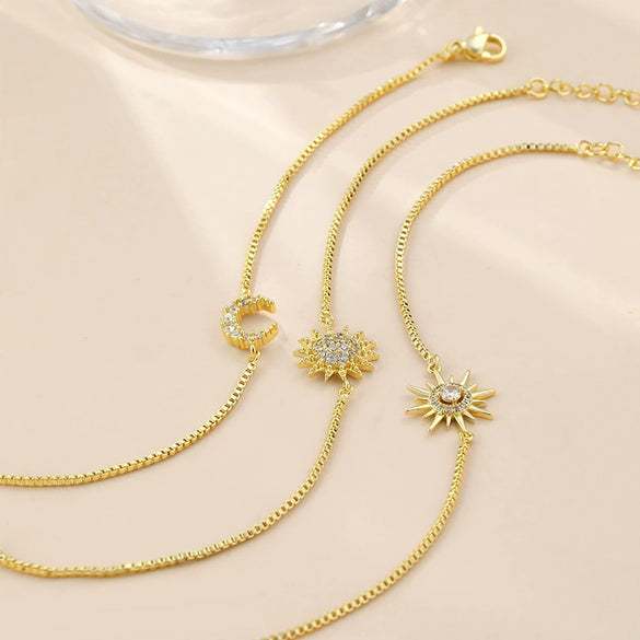 Wholesale Jewelry Geometric Copper Electroplating Women's Threelayer Chain Zircon Sun Eightpointed Star Bracelet