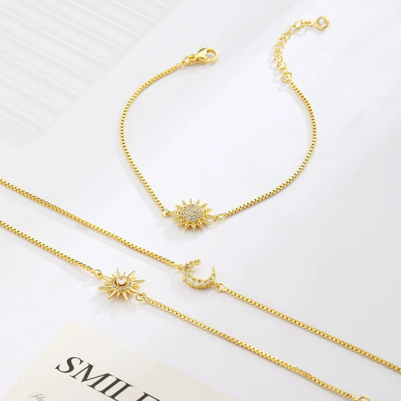 Wholesale Jewelry Geometric Copper Electroplating Women's Threelayer Chain Zircon Sun Eightpointed Star Bracelet
