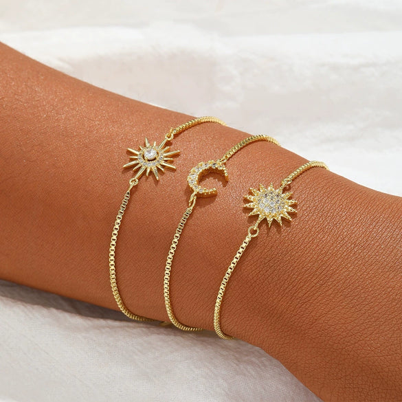 Wholesale Jewelry Geometric Copper Electroplating Women's Threelayer Chain Zircon Sun Eightpointed Star Bracelet