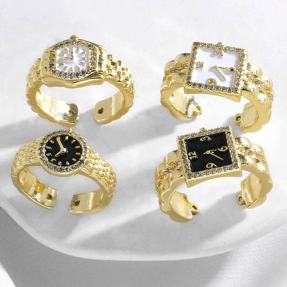Wholesale Jewelry Geometric Copper 18K Gold Plated Open Ring Watch Clock Style