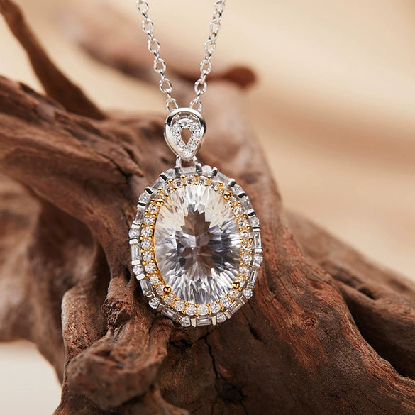 Wholesale Jewelry Geometric Crystal 925 Sterling Silver Pendant Collarbone Necklace Set With Gemstones