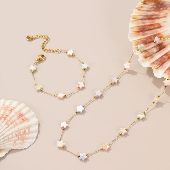 Wholesale Jewelry Geometric Fivepointed Star Motherofpearl Stainless Steel Electroplated Necklace And Bracelet For Women