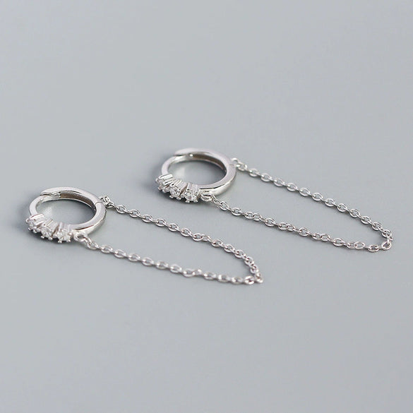 Wholesale Jewelry Geometric Long Tassel Chain Zircon Ear Buckle Earrings 925 Silver Electroplated For Women