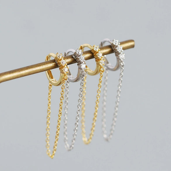 Wholesale Jewelry Geometric Long Tassel Chain Zircon Ear Buckle Earrings 925 Silver Electroplated For Women