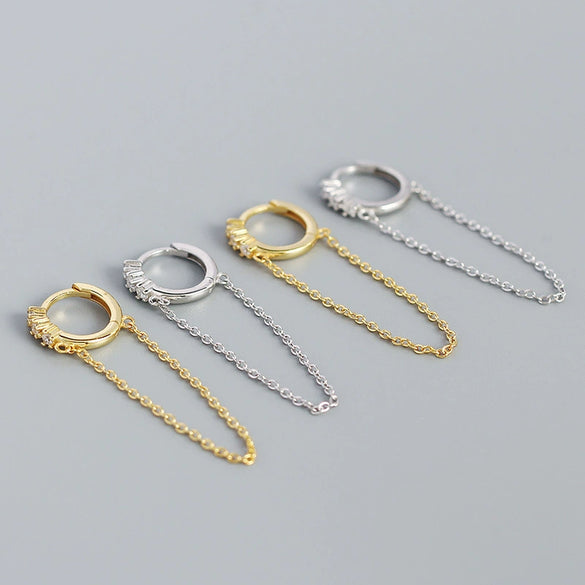 Wholesale Jewelry Geometric Long Tassel Chain Zircon Ear Buckle Earrings 925 Silver Electroplated For Women