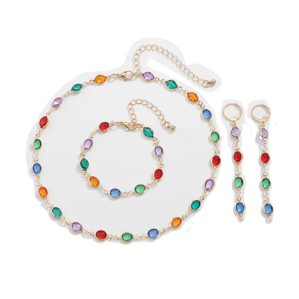 Wholesale Jewelry Geometric Metal Artificial Crystal Stacked Necklace And Earrings With Electroplating For Women