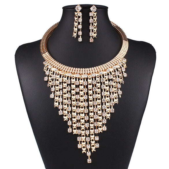Wholesale Jewelry Geometric Multi Layer Tassel Alloy Diamond Necklace Earrings Collar