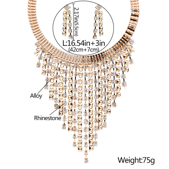 Wholesale Jewelry Geometric Multi Layer Tassel Alloy Diamond Necklace Earrings Collar