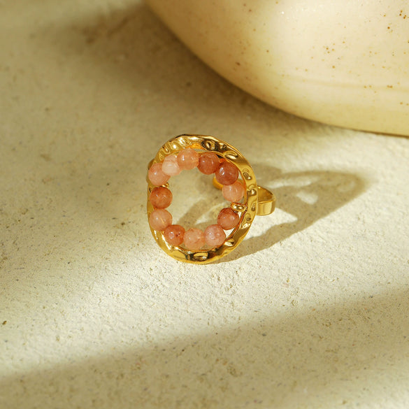 Wholesale Jewelry Geometric Natural Stone Beaded Open Stainless Steel Ring Electroplated Fashion Luxury Niche Highend