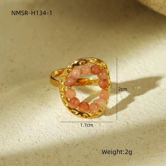 Wholesale Jewelry Geometric Natural Stone Beaded Open Stainless Steel Ring Electroplated Fashion Luxury Niche Highend