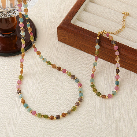 Wholesale Jewelry Geometric Natural Tourmaline And Stainless Steel Beaded Necklace With Electroplating For Women