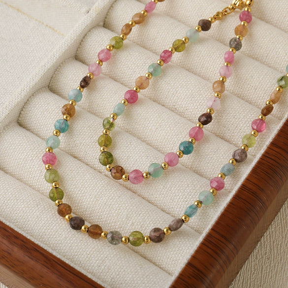 Wholesale Jewelry Geometric Natural Tourmaline And Stainless Steel Beaded Necklace With Electroplating For Women