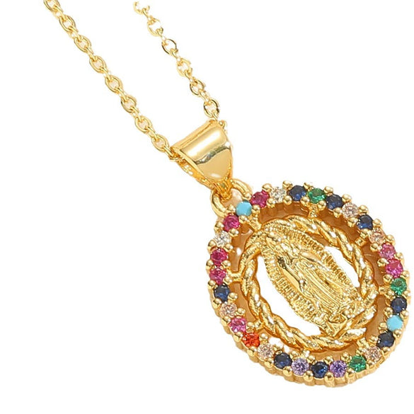 Wholesale Jewelry Geometric Round Copper Mixed Gem Inlay Electroplated Ochain Necklace For Women