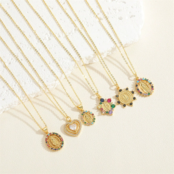 Wholesale Jewelry Geometric Round Copper Mixed Gem Inlay Electroplated Ochain Necklace For Women