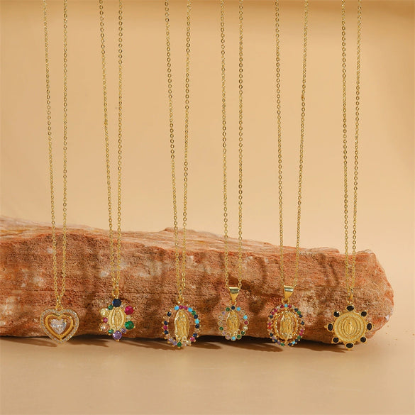 Wholesale Jewelry Geometric Round Copper Mixed Gem Inlay Electroplated Ochain Necklace For Women