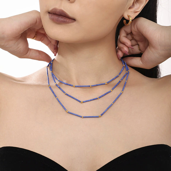 Wholesale Jewelry Geometric 316L Stainless Steel And Natural Lapis Lazuli Beaded Necklace 18K Gold Plated