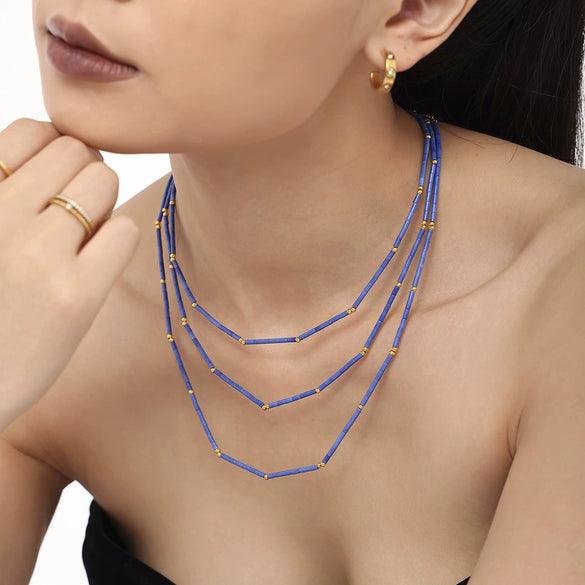 Wholesale Jewelry Geometric 316L Stainless Steel And Natural Lapis Lazuli Beaded Necklace 18K Gold Plated