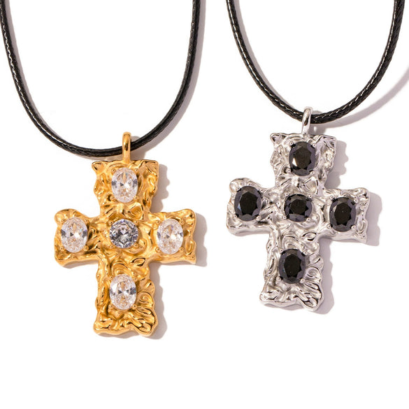Wholesale Jewelry Geometric Stainless Steel And Wax Rope Cross Inlaid Zircon Electroplated Necklace For Women