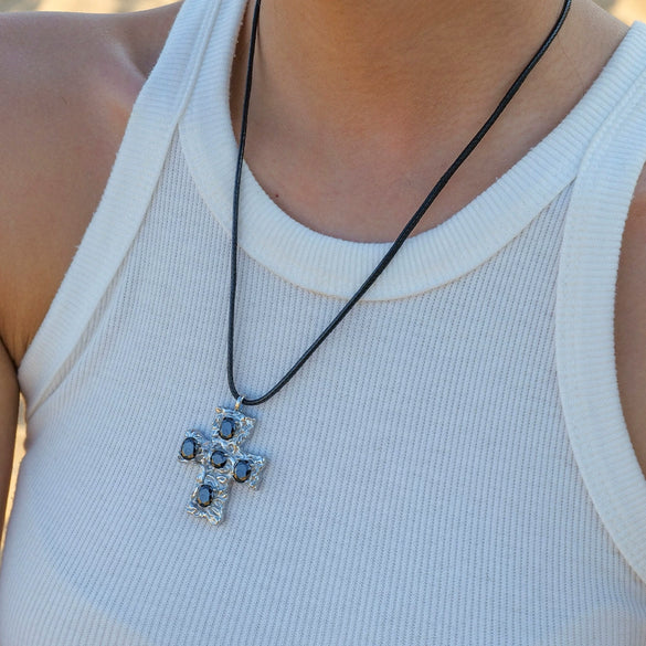 Wholesale Jewelry Geometric Stainless Steel And Wax Rope Cross Inlaid Zircon Electroplated Necklace For Women