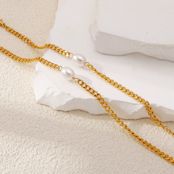 Wholesale Jewelry Geometric Stainless Steel Electroplated Pearl Clavicle Chain And Bracelet Two Piece Set Unisex