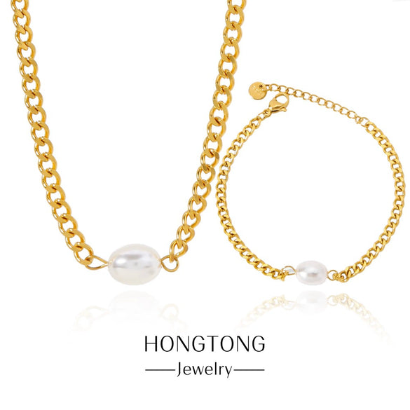 Wholesale Jewelry Geometric Stainless Steel Electroplated Pearl Clavicle Chain And Bracelet Two Piece Set Unisex
