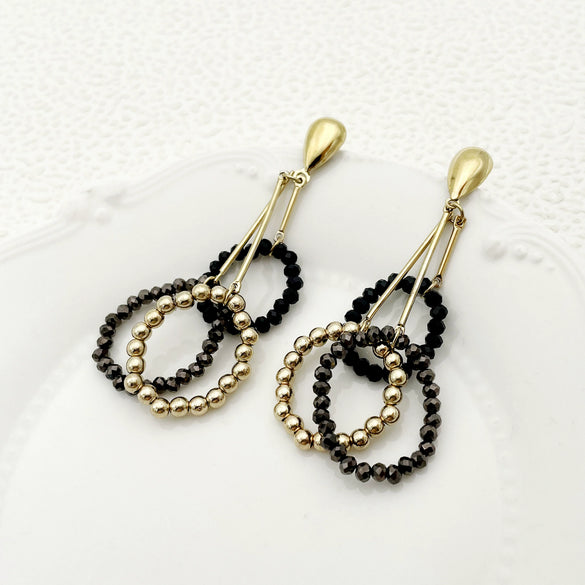 Wholesale Jewelry Geometric Stainless Steel Electroplated Ring And Earrings With Black Crystal And Gold Beads