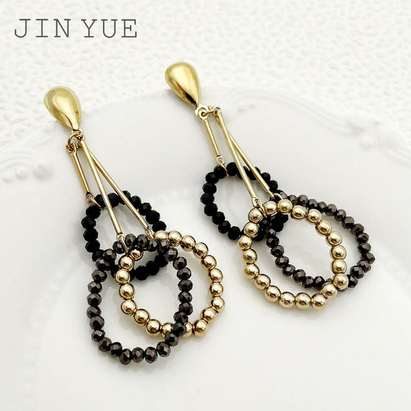 Wholesale Jewelry Geometric Stainless Steel Electroplated Ring And Earrings With Black Crystal And Gold Beads
