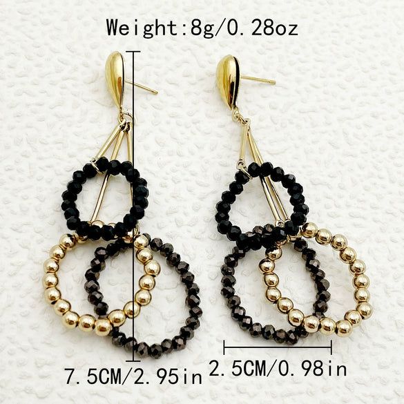 Wholesale Jewelry Geometric Stainless Steel Electroplated Ring And Earrings With Black Crystal And Gold Beads