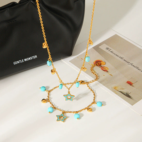 Wholesale Jewelry Geometric Stainless Steel Electroplated Tassel Necklace And Fivepointed Star Bracelet For Women