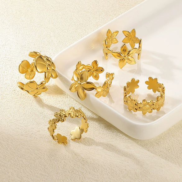 Wholesale Jewelry Geometric Stainless Steel Flower Ring 18K Goldplated