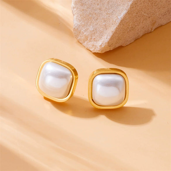 Wholesale Jewelry Geometric Stainless Steel Gold Plated Pearl Earrings For Women