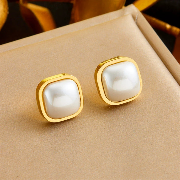 Wholesale Jewelry Geometric Stainless Steel Gold Plated Pearl Earrings For Women
