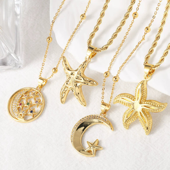 Wholesale Jewelry Geometric Star Moon Pendant Necklace Copper 18K Gold Plated