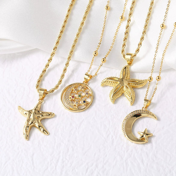 Wholesale Jewelry Geometric Star Moon Pendant Necklace Copper 18K Gold Plated