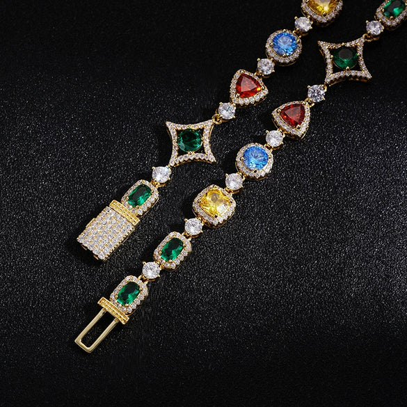 Wholesale Jewelry Geometric Star Pattern Copper 18K Gold Plated Gemset Bracelet And Necklace For Unisex Hip Hop Style