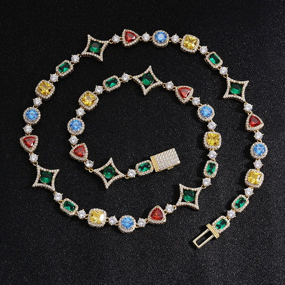 Wholesale Jewelry Geometric Star Pattern Copper 18K Gold Plated Gemset Bracelet And Necklace For Unisex Hip Hop Style
