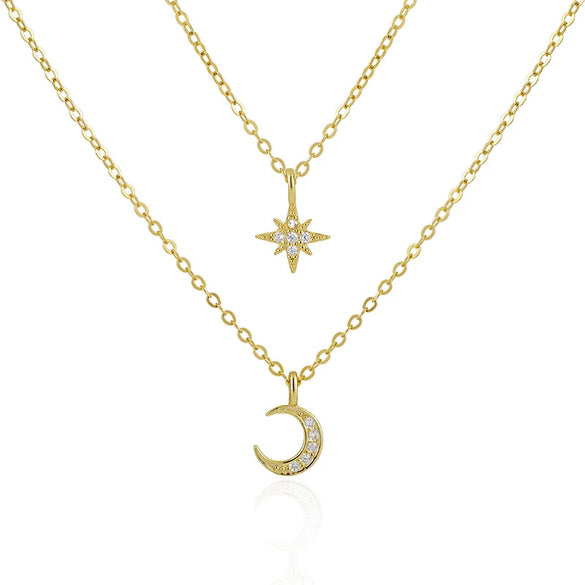 Wholesale Jewelry Geometric Style Double Layer Moon And Sixpoint Star 925 Sterling Silver Ochain Pendant Necklace For Women