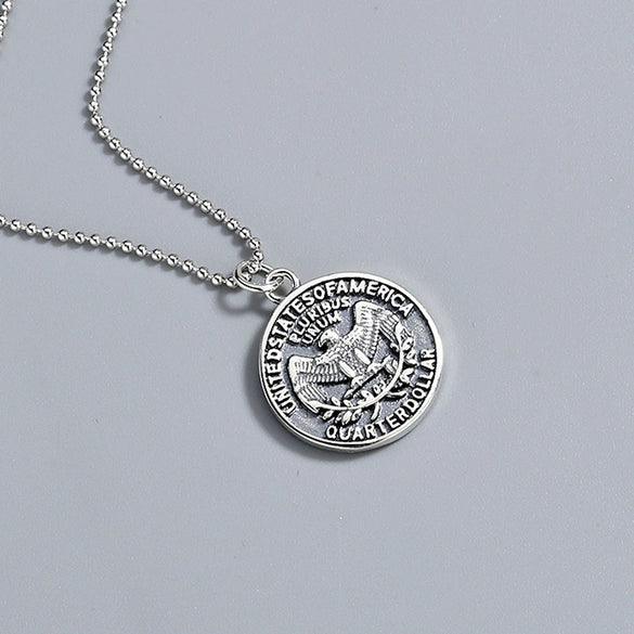 Wholesale Jewelry Geometric Style Eagle Coin 925 Silver Electroplated Bead Chain Necklace For Men And Women