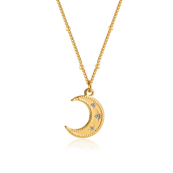 Wholesale Jewelry Geometric Style Stainless Steel Ball Chain Necklace With 18K Gold Plated Electroplating And Zircon Inlaid Moon Water Drop Pendant For Women