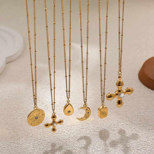 Wholesale Jewelry Geometric Style Stainless Steel Ball Chain Necklace With 18K Gold Plated Electroplating And Zircon Inlaid Moon Water Drop Pendant For Women