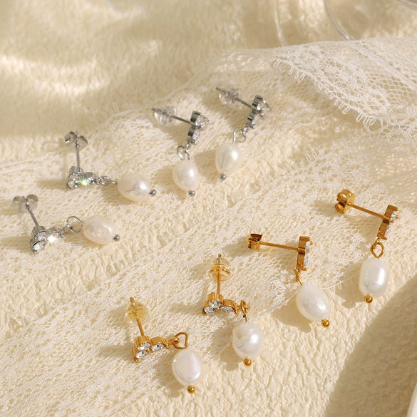 Wholesale Jewelry Geometric Style 316L Stainless Steel Plated 18K Gold Freshwater Pearl And Diamond Earrings For Women