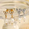 Wholesale Jewelry Geometric Style 316L Stainless Steel Plated 18K Gold Freshwater Pearl And Diamond Earrings For Women