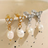 Wholesale Jewelry Geometric Style 316L Stainless Steel Plated 18K Gold Freshwater Pearl And Diamond Earrings For Women