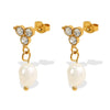 Wholesale Jewelry Geometric Style 316L Stainless Steel Plated 18K Gold Freshwater Pearl And Diamond Earrings For Women