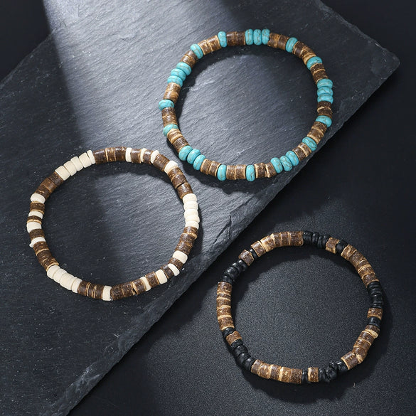 Wholesale Jewelry Geometric Wooden Beads Turquoise Coconut Shell Handmade Unisex Bracelet