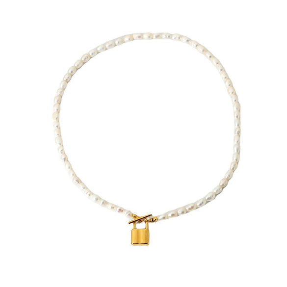 Wholesale Jewelry Gold Lock Stainless Steel Alloy Natural Freshwater Pearl Electroplated Necklace For Women