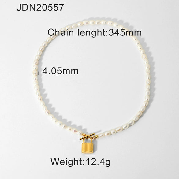 Wholesale Jewelry Gold Lock Stainless Steel Alloy Natural Freshwater Pearl Electroplated Necklace For Women