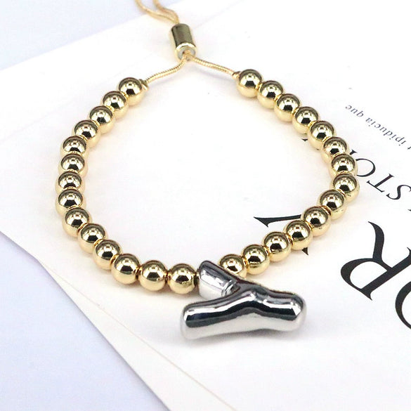 Wholesale Jewelry Gold Plated Beaded Balloon Initial Charm Adjustable Bracelet With Letters Numbers Text