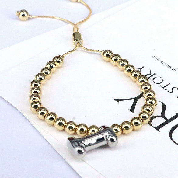 Wholesale Jewelry Gold Plated Beaded Balloon Initial Charm Adjustable Bracelet With Letters Numbers Text